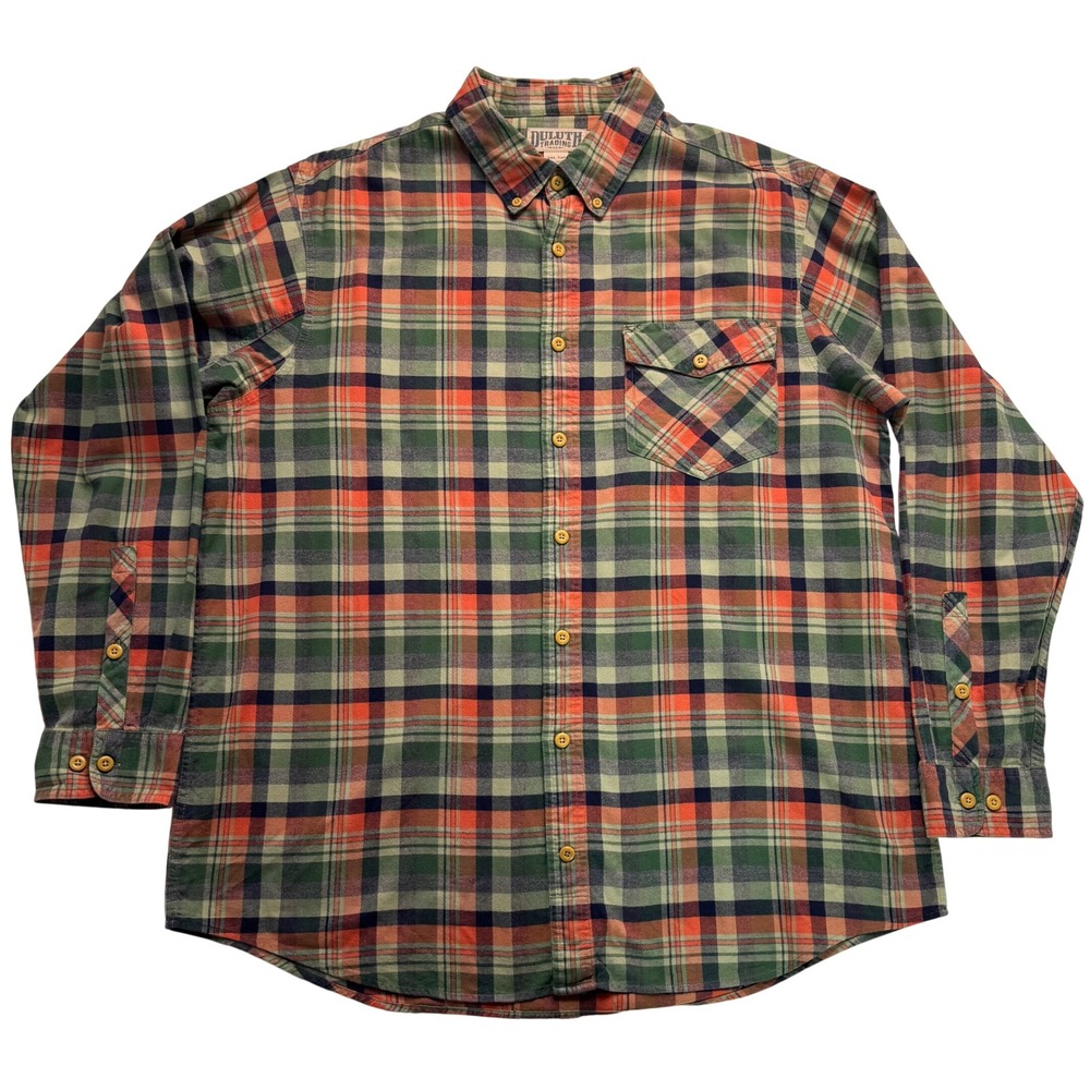 Duluth Trading Co Mens 2XL Tall Plaid Shirt Green Orange Cotton Trim Fit